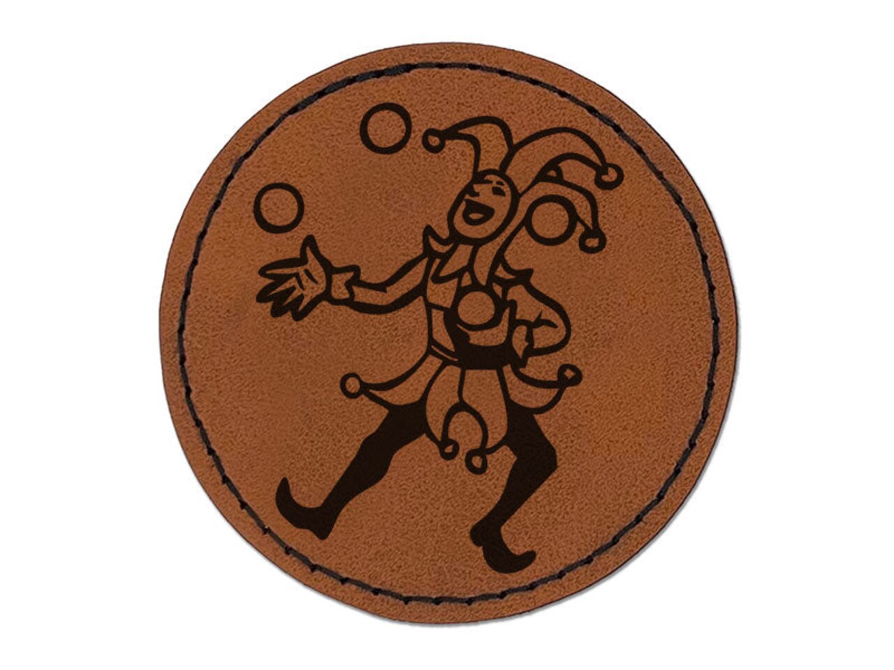 Medieval Jester Joker Juggler Entertainer Balls Round Iron-On Engraved Faux Leather Patch Applique - 2.5 Inch